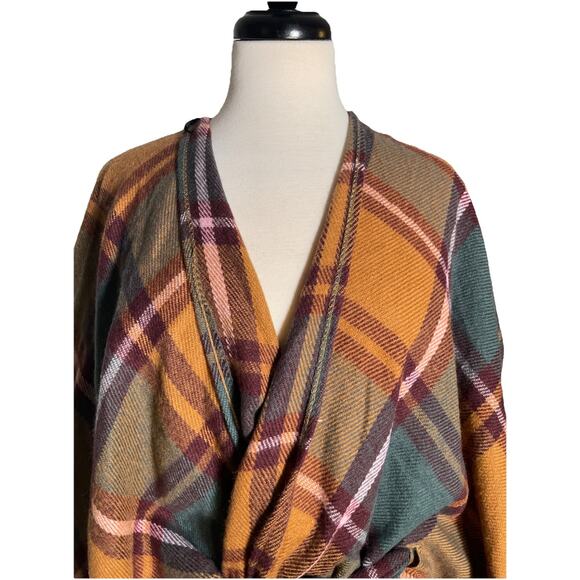 David And Young Plaid Pattern Belted Waist Fringe Open Front Poncho Tie Waist - Picture 2 of 6